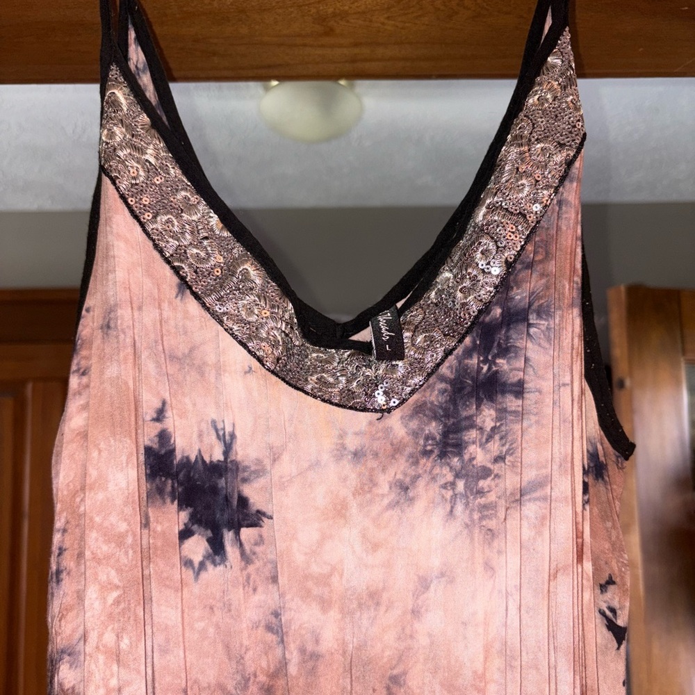 Ladies Tie-Dye Boho Midi Dress Sequined Ruffled Details Large Adjustable Straps